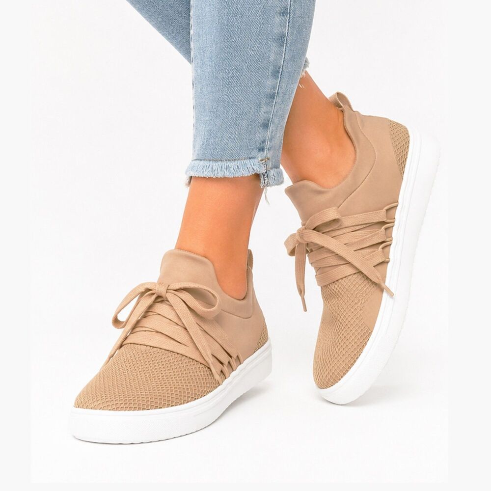 Steve Madden Lancer Blush Sneakers (8M) Nude Mesh Knit Lace-Over Shoes CLEAN
